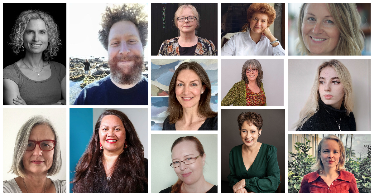 Photos of 13 New Zealand writers who were selected for the 2023 NZSA Complete MS Assessments