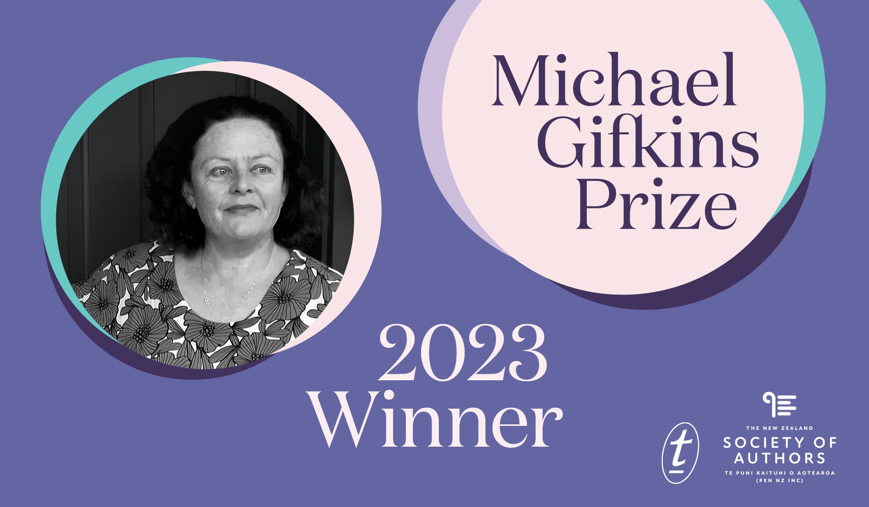 Picture of Tina Shaw. Text says 2023 Winner Michael Gifkins Prize